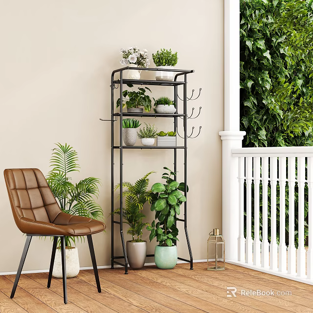 Balcony Garden Decor With Multi tiered Plant Stand Green Plants And Flowers Arrangement 3d model 