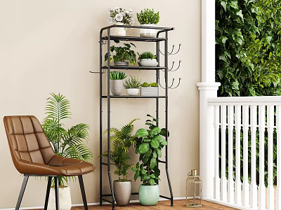 Balcony Garden Decor With Multi tiered Plant Stand Green Plants And Flowers Arrangement 3d model