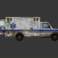 Worn Ambulance Vehicle With Blue Red Stripes Medical Emblem And Roof Warning Lights