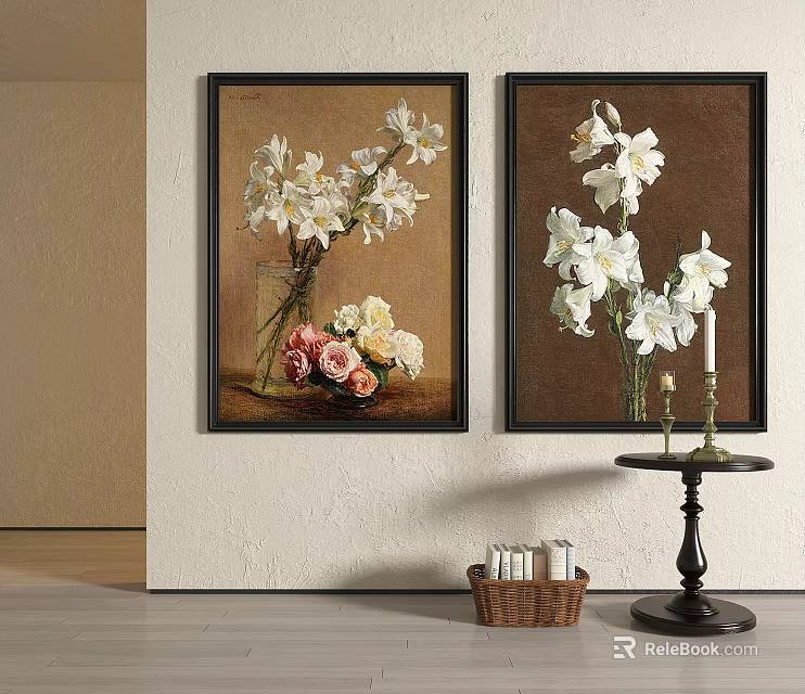 Two Framed Floral Paintings With White Flowers Vases Candles Small Table Woven Basket And Bottles 3d model 