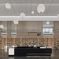Modern Front Desk Reception Area With White Circular Pendant Lights Brick Wall And Large Windows