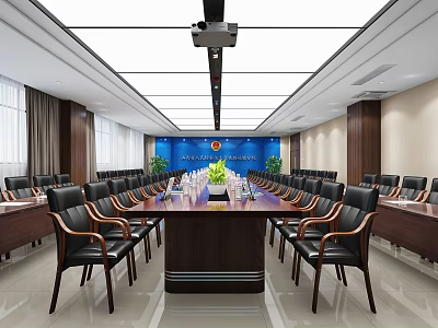 Modern Conference Room With Long Wooden Table Black Leather Chairs Blue Backdrop And Green Plants 3d model