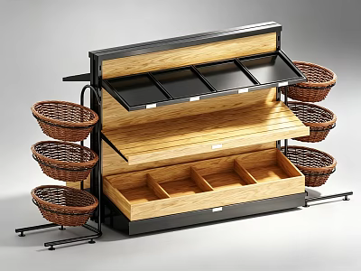 Wooden Display Shelf with Black Metal Frame Wicker Baskets and Storage Compartments 3d model