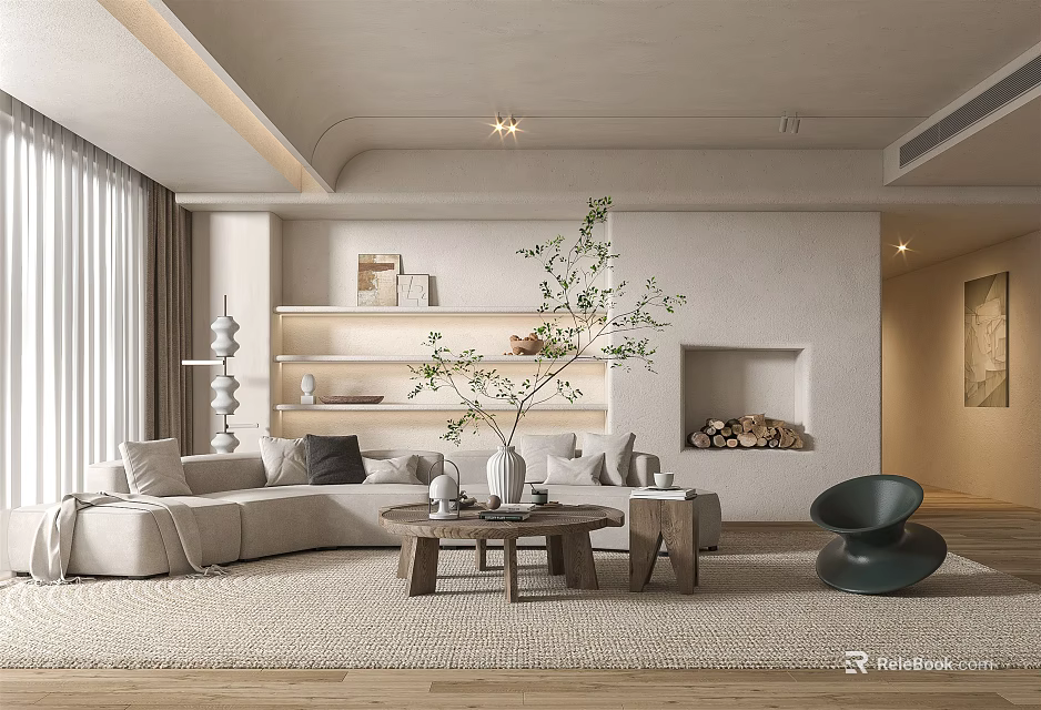 Modern Living Room Interior With Beige L Shaped Sofa Wooden Coffee Table And Fireplace 3d model 