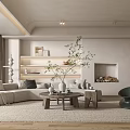 Modern Living Room Interior With Beige L Shaped Sofa Wooden Coffee Table And Fireplace