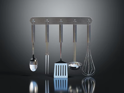 Metal Hanging Rack With Kitchen Utensils Spoon Fork Spatula Slotted Spoon And Whisk 3d model