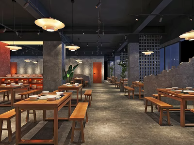 Hotpot Restaurant Interior Design With Wooden Tables Benches Hanging Lamps And Green Plants 3d model