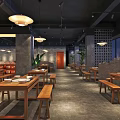 Hotpot Restaurant Interior Design With Wooden Tables Benches Hanging Lamps And Green Plants