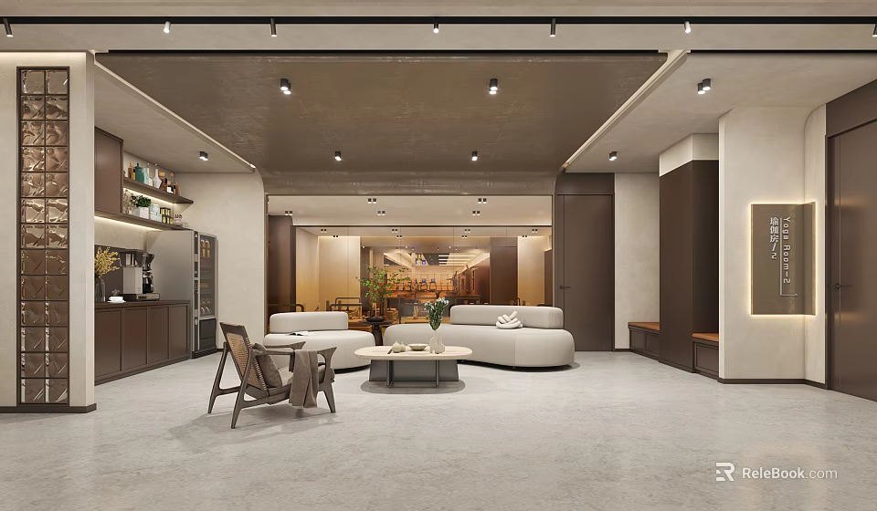 Modern Lounge Area Interior Design With Comfortable Sofa Coffee Table Neutral Tones And Recessed Lighting 3d model 
