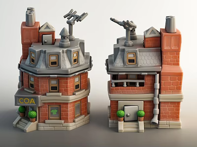 Cartoon Style Buildings With Red Brick Gray Roof Chimneys COA Sign Windows And Antennas 3d model