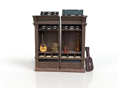 Double Wooden Cabinet Display With Stringed Instrument Small Decorative Items Drawers And Guitar Case 3d model