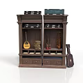 Double Wooden Cabinet Display With Stringed Instrument Small Decorative Items Drawers And Guitar Case