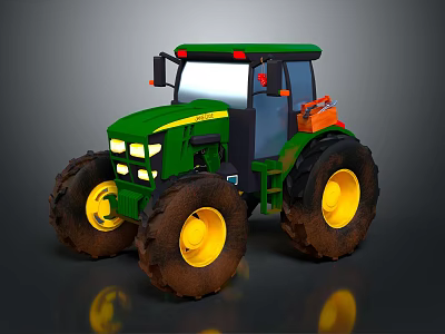 Green Agricultural Tractor Design With Yellow Wheels Muddy Tires And Cab 3d model