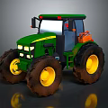 Green Agricultural Tractor Design With Yellow Wheels Muddy Tires And Cab