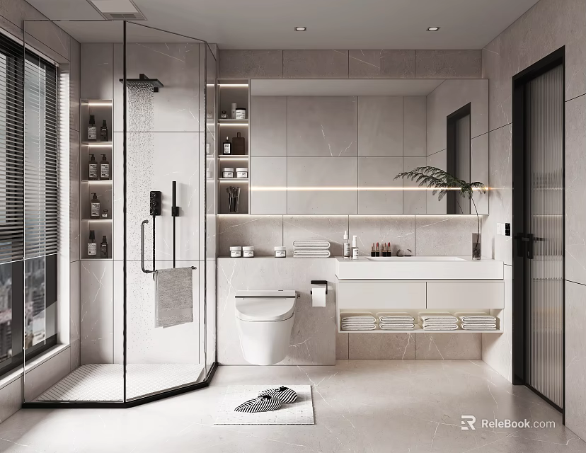 Modern Bathroom Interior With Glass Shower Vanity Toilet Shelves And Window Blinds 3d model 