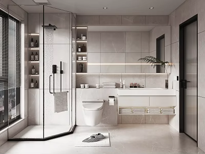 Modern Bathroom Interior With Glass Shower Vanity Toilet Shelves And Window Blinds 3d model