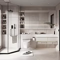 Modern Bathroom Interior With Glass Shower Vanity Toilet Shelves And Window Blinds