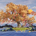 Nighttime Landscape Sculpture Featuring Decorative Tree Red Lanterns Moon Clouds Blue Rocks And Water Reflection