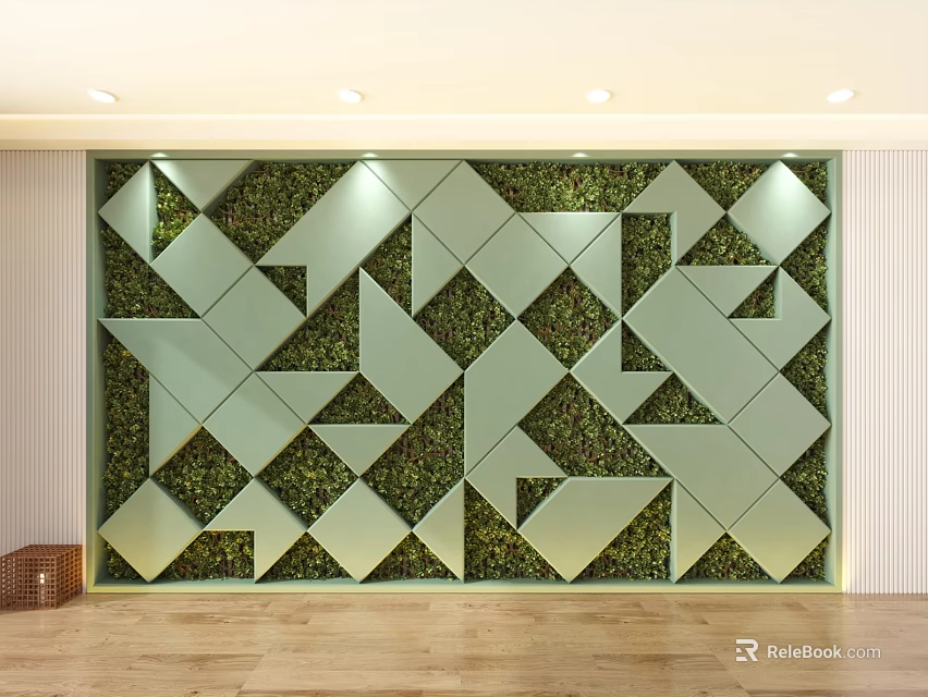 Stylish Green Background Wall With Modern Geometric Plant Pattern Interior Design 3d model 