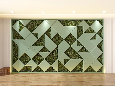 Stylish Green Background Wall With Modern Geometric Plant Pattern Interior Design 3d model