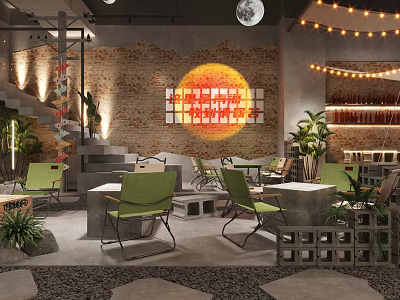 Industrial Style Restaurant Interior With Brick Wall Neon Sign Green Chairs Plants And String Lights 3d model