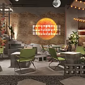 Industrial Style Restaurant Interior With Brick Wall Neon Sign Green Chairs Plants And String Lights