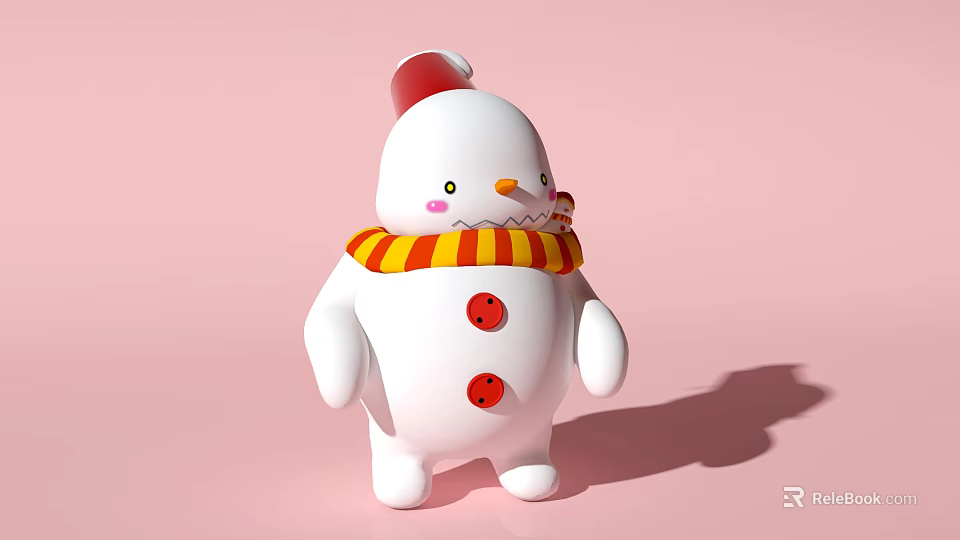 Snowman Doll with Red Santa Hat Red Yellow Striped Scarf Three Red Buttons on Pink 3d model 