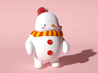 Snowman Doll with Red Santa Hat Red Yellow Striped Scarf Three Red Buttons on Pink 3d model