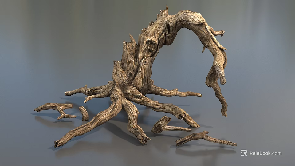 Weathered Tree Root With Gnarled Branches And Natural Wood Texture 3d model 