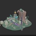 Adventurer Gear Setup With Tree Stump Lantern Mushrooms Bow Arrow And Chain
