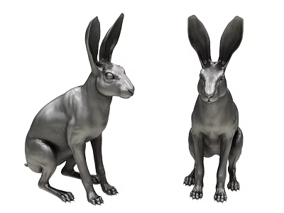 Two Black Rabbit Statues In Sitting Position With Metallic Finish Decorative Sculptures 3d model