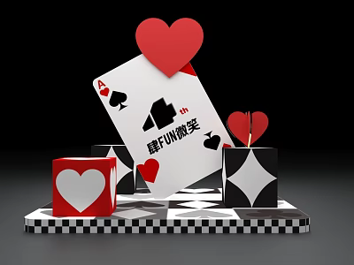 Commercial Gaming Equipment With Poker Cards Hearts Design And Checkered Platform 3d model