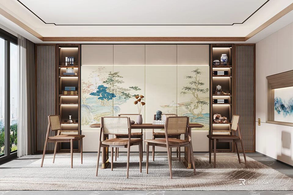 Traditional Chinese Restaurant Interior With Dining Table Chairs Landscape Painting And Display Shelves 3d model 