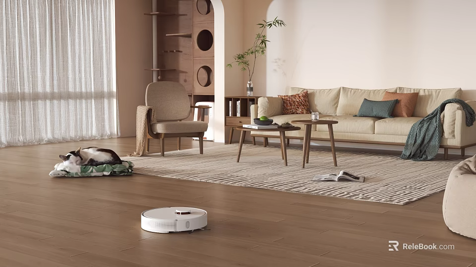 Cozy Living Room Interior With Beige Sofa Throw Pillows Armchair Wooden Floor And Robot Vacuum 3d model 