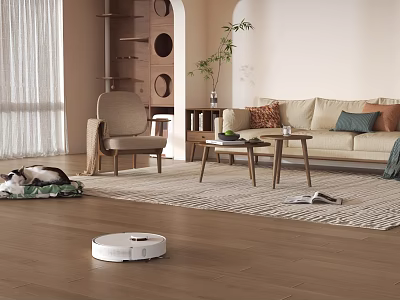 Cozy Living Room Interior With Beige Sofa Throw Pillows Armchair Wooden Floor And Robot Vacuum 3d model
