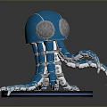 Blue Octopus Robot Game Character With Round Eyes Mechanical Tentacles And Brown Base