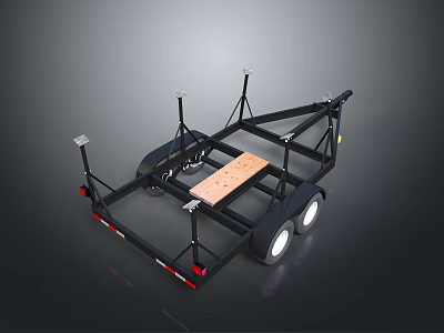 Black Metal Utility Trailer Frame With Wooden Base And Support Stands 3d model
