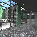 Modern Indoor Lounge Space With Glass Windows Green Walls Terrazzo Floor And Textured Wall