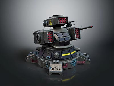 Sci Fi Mechanical Turret 3D Model With Armored Structure Multiple Weapon Systems And Warning Signs 3d model