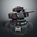 Sci Fi Mechanical Turret 3D Model With Armored Structure Multiple Weapon Systems And Warning Signs