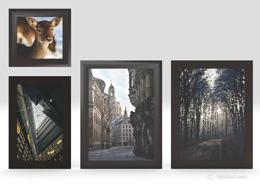 Framed Wall Art Collection With Deer Building Street And Forest Themes For Home Interior Decoration 3d model 