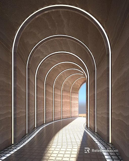 Modern Archway Corridor With Sandstone Walls LED Strip Lighting And Bright End View 3d model 