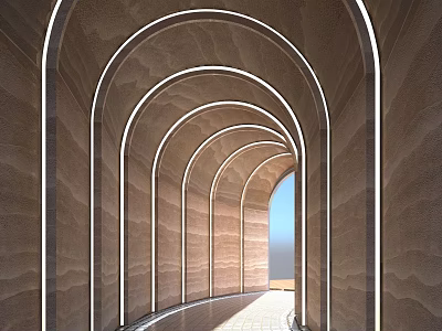 Modern Archway Corridor With Sandstone Walls LED Strip Lighting And Bright End View 3d model