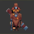 Pixel Art Toy Figure with Red Hat Red Outfit and Blue Sword on Reflective Background