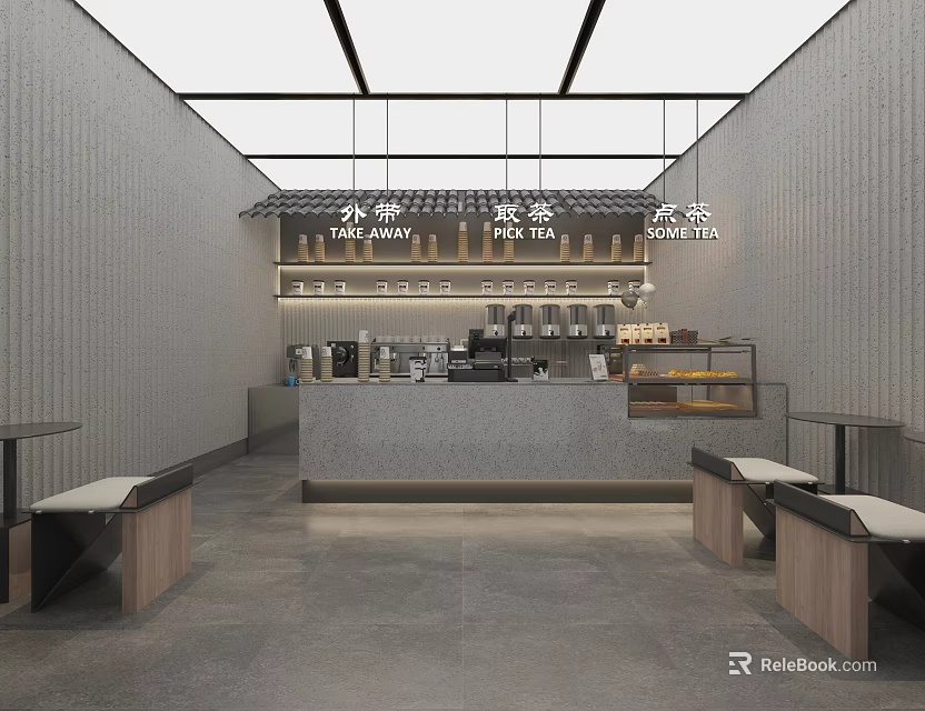 Modern Minimalist Bubble Tea Shop Interior With Striped Walls Open Counter And Wooden Benches 3d model 