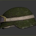 Green Moss Covered Helmet With Attached Goggles Worn And Cracked Design