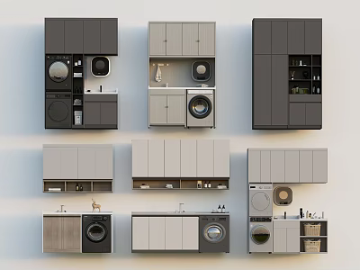 Modern Bathroom Cabinet Units With Washing Machine And Storage Compartments 3d model