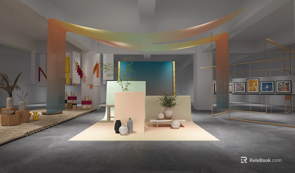 Colorful Curved Installations In Modern Interior Exhibition Space With Green Plants And Art Pieces 3d model 
