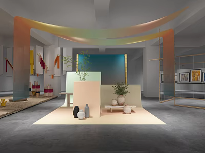 Colorful Curved Installations In Modern Interior Exhibition Space With Green Plants And Art Pieces 3d model
