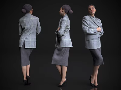 Woman Wearing Plaid Blazer Gray Skirt And High Heels In Different Standing Poses 3d model